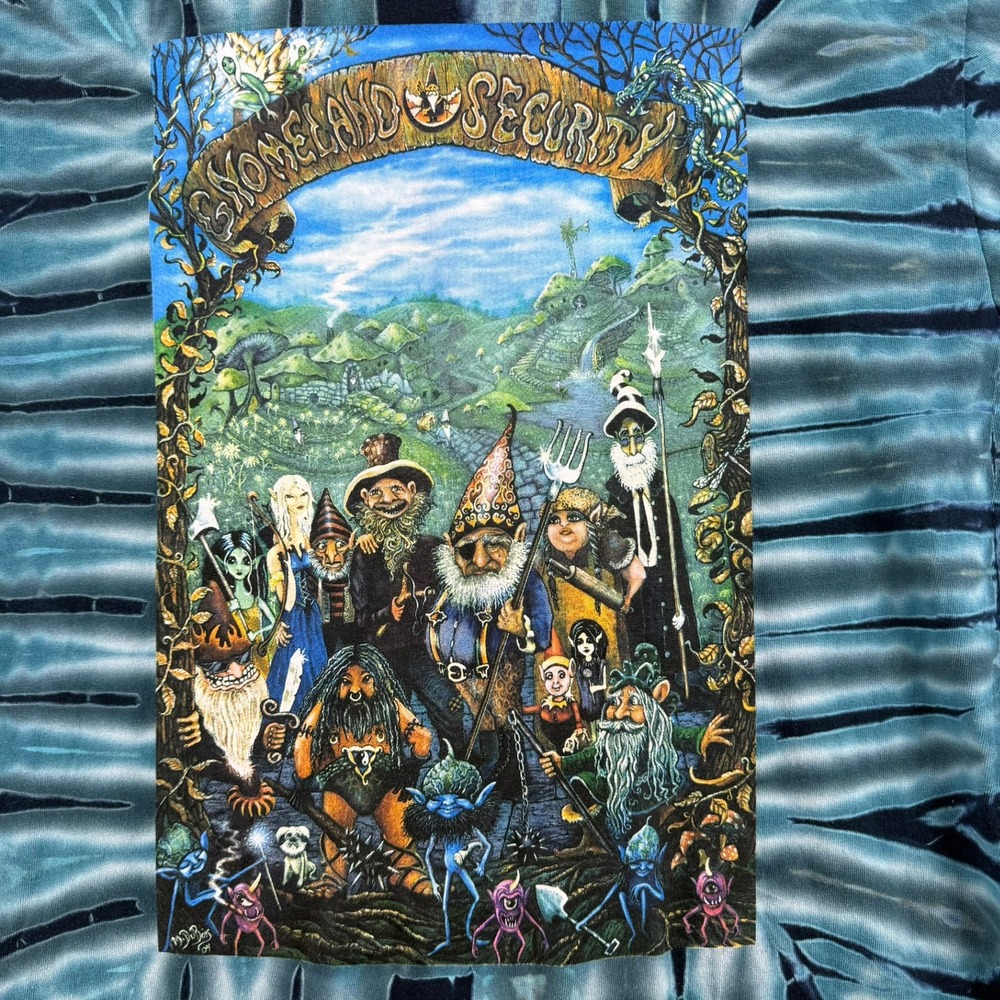 Gildan Gnomeland Security Tie‎ Dye T-Shirt Mens Medium Blue Black Gnome Graphic - Picture 3 of 15